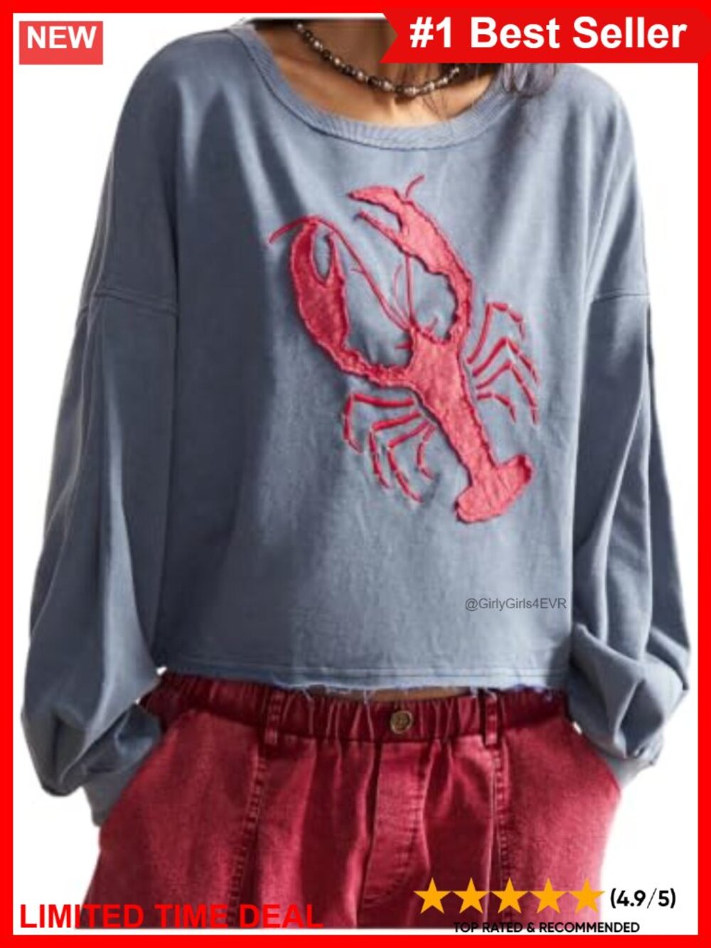 Oversized Lobster Graphic Sweatshirt Round Neck Long Sleeve Pullover